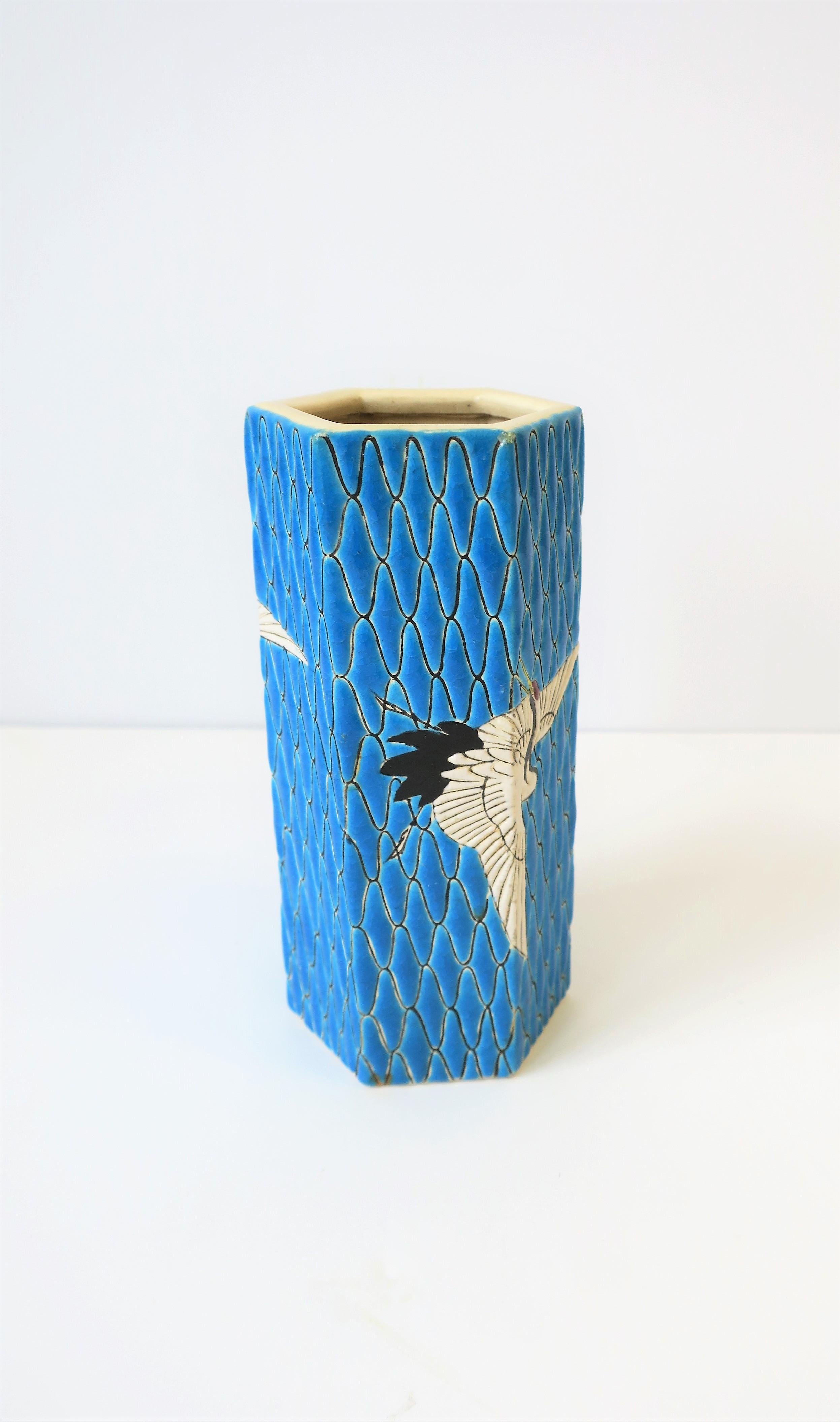 Blue and White Meiji Japanese Satsuma Majolica Style Earthenware Vase with Birds 3