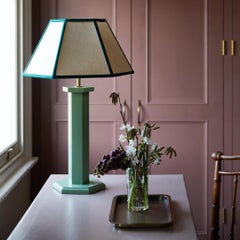 Hexagon Linen Lampshade, Green Trim - 16" - US Fitting