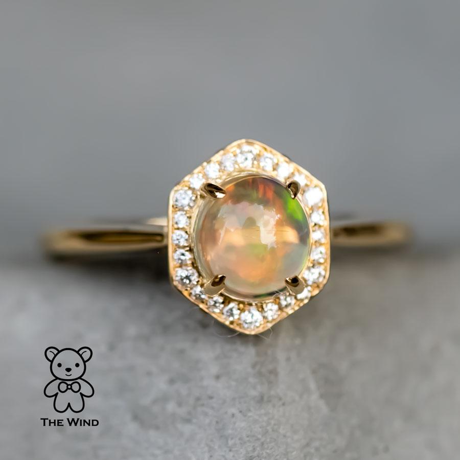 Brilliant Cut Hexagon Mexican Fire Opal Halo Diamond Engagement Ring 18K Yellow Gold For Sale