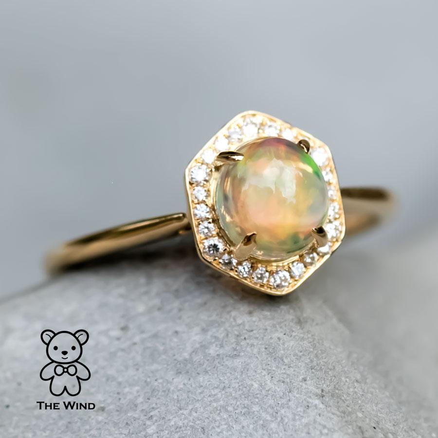 Hexagon Mexican Fire Opal Halo Diamond Engagement Ring 18K Yellow Gold In New Condition For Sale In Suwanee, GA