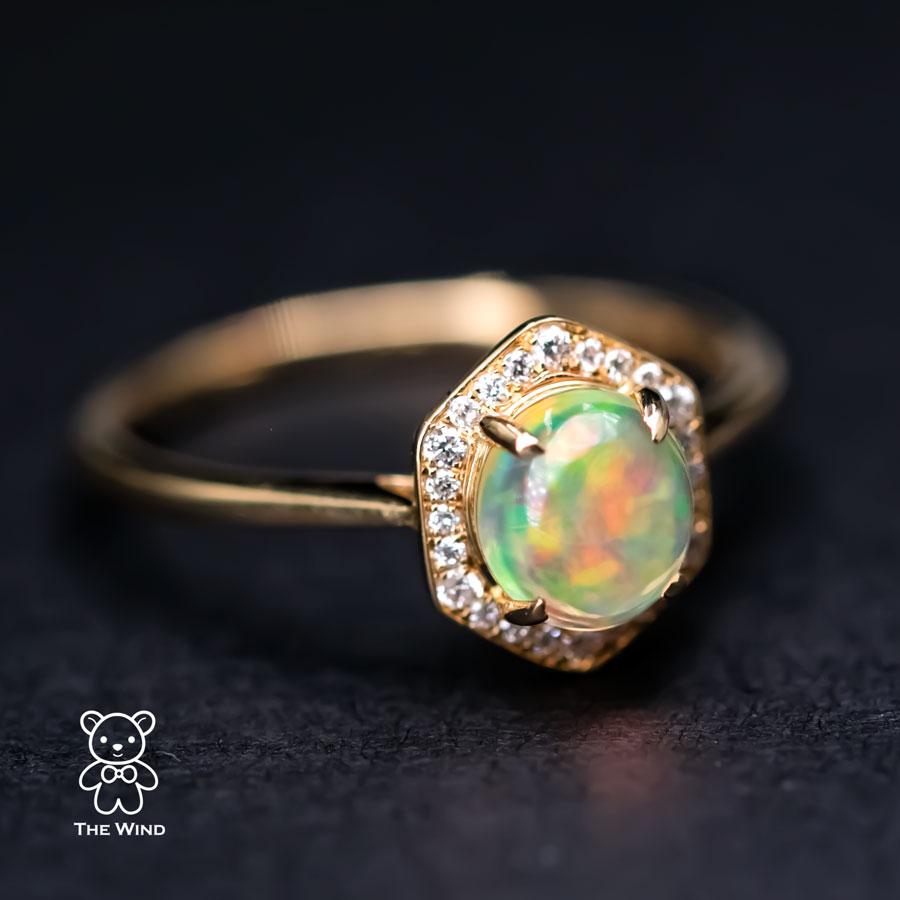 Hexagon Mexican Fire Opal Halo Diamond Engagement Ring 18K Yellow Gold For Sale 1