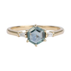 Hexagon Montana Sapphire 14K Yellow Gold Engagement Ring Baguette Diamond AD2227