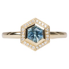 Hexagon Montana Sapphire with Diamond Halo 14K Yellow Gold Engagement Ring