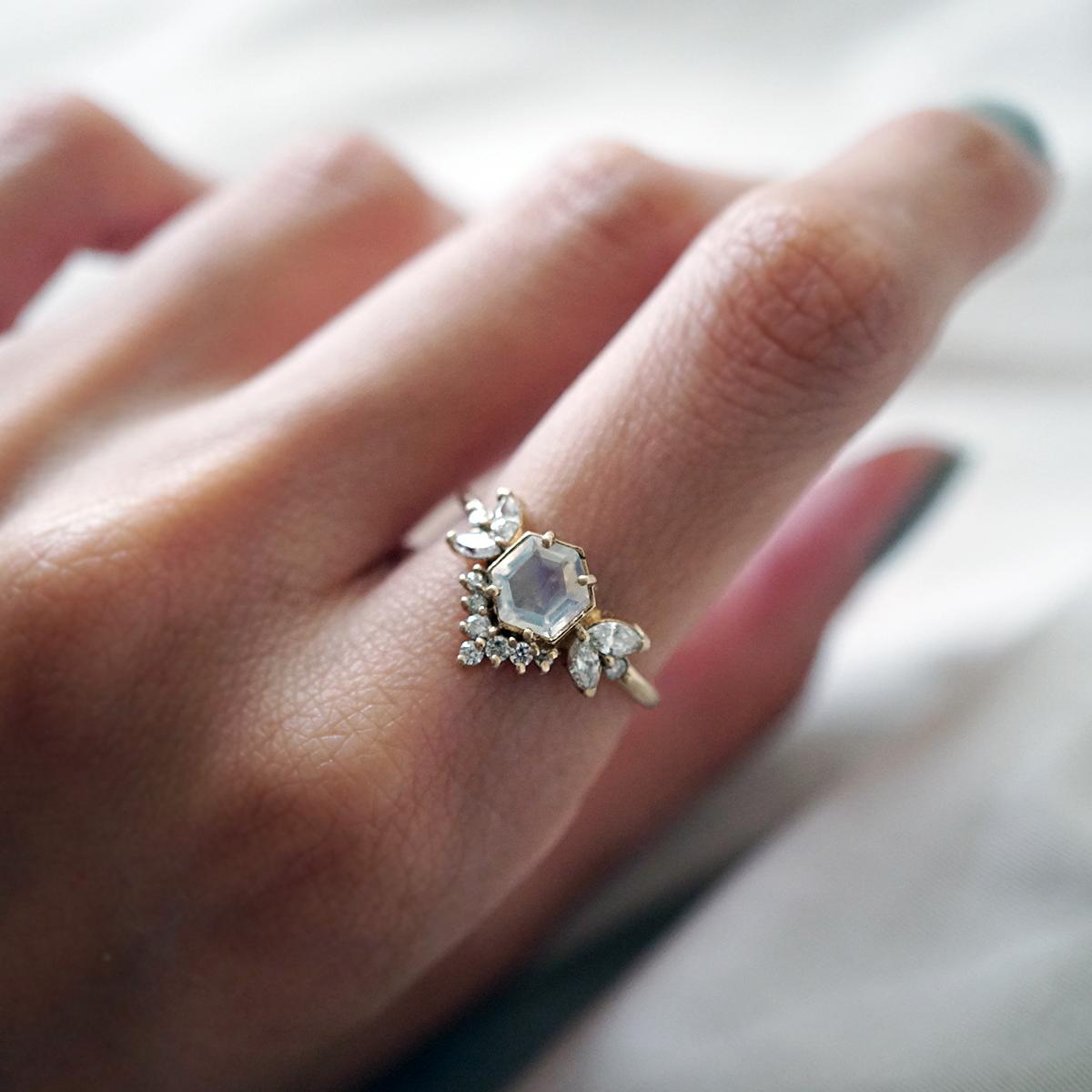 Hexagon Moonstone Butterfly Diamond Ring In New Condition For Sale In New York, NY