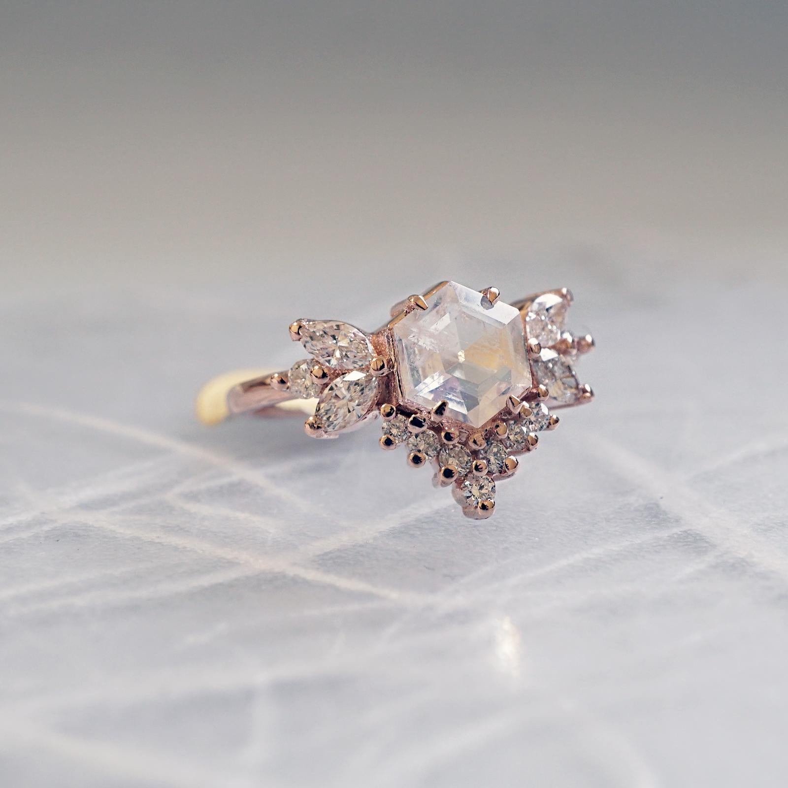 Women's Hexagon Moonstone Butterfly Diamond Ring For Sale