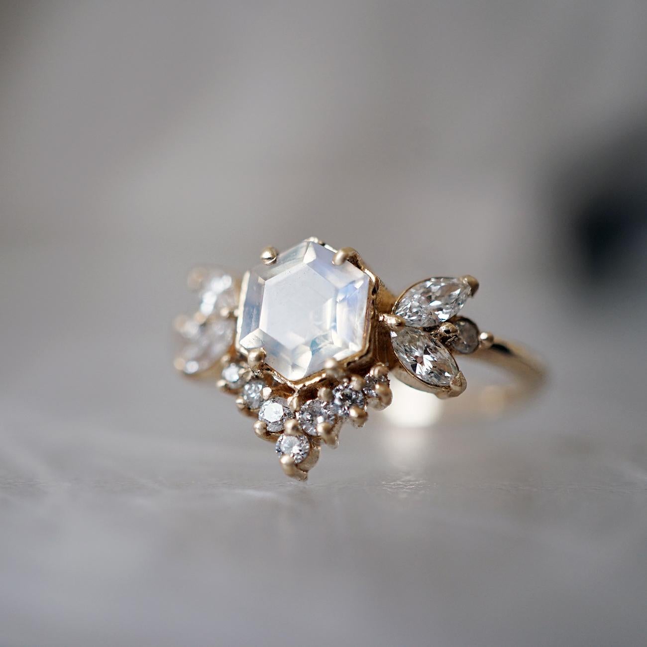 Hexagon Moonstone Butterfly Diamond Ring For Sale 1