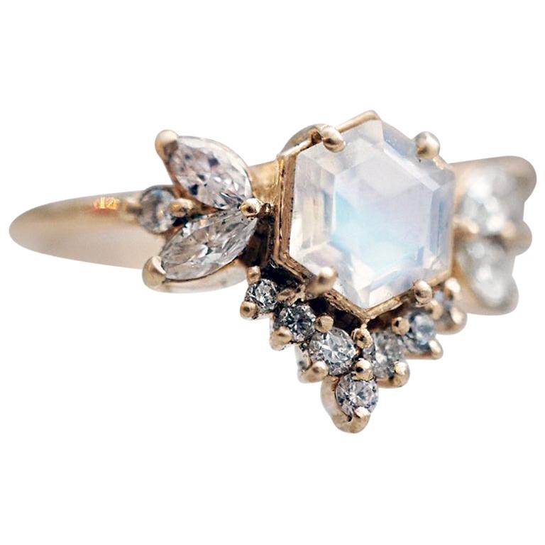 Hexagon Moonstone Butterfly Diamond Ring For Sale