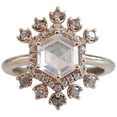 Hexagon Moonstone & Grey Diamond Yellow Gold Ring