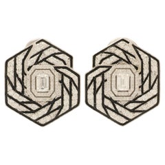 Hexagon Natural Diamond Enamel Stud Earrings in 14k Solid Gold (Certified)