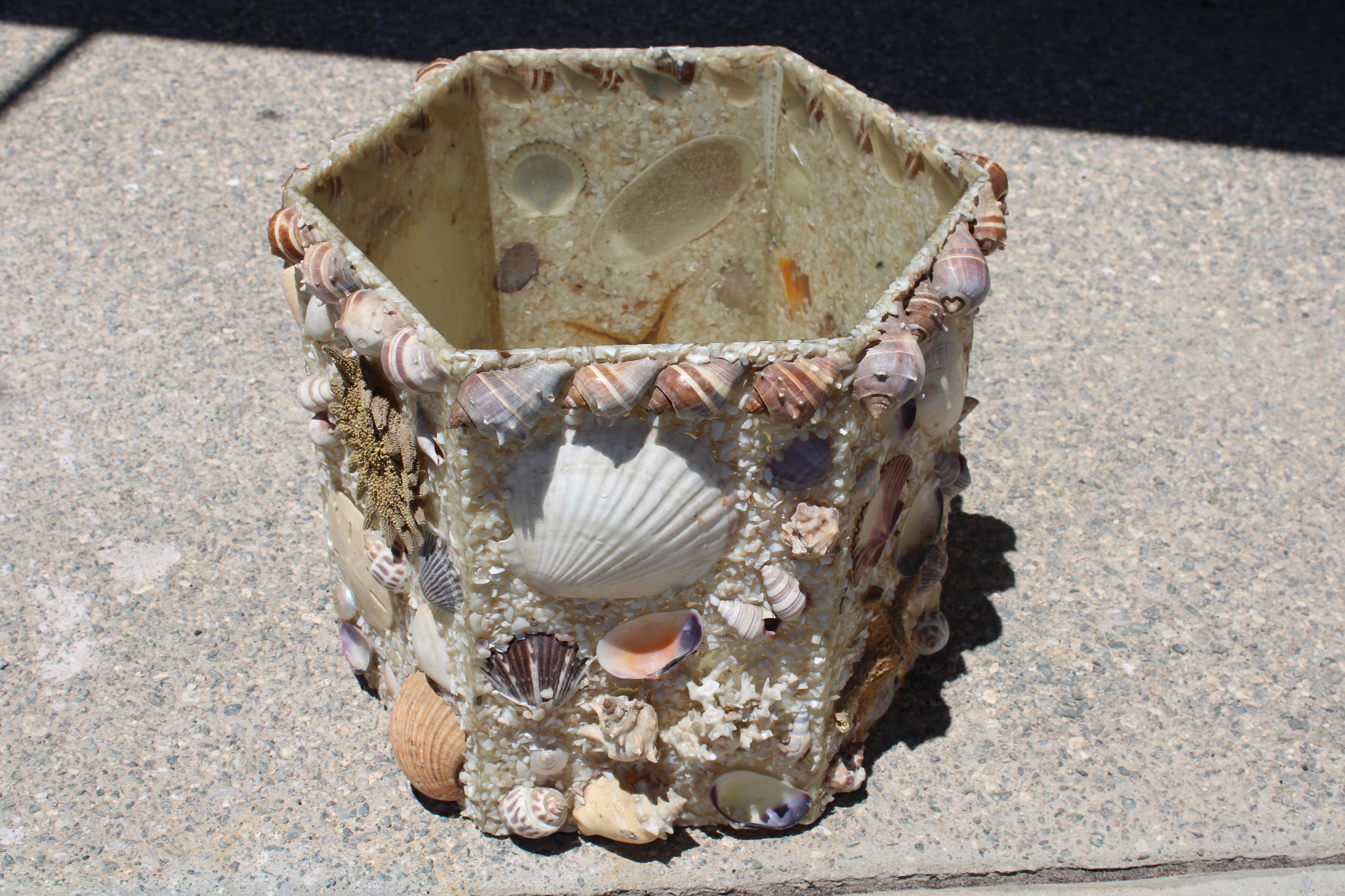 Organic Modern Hexagon Nautical Seashell Basket For Sale