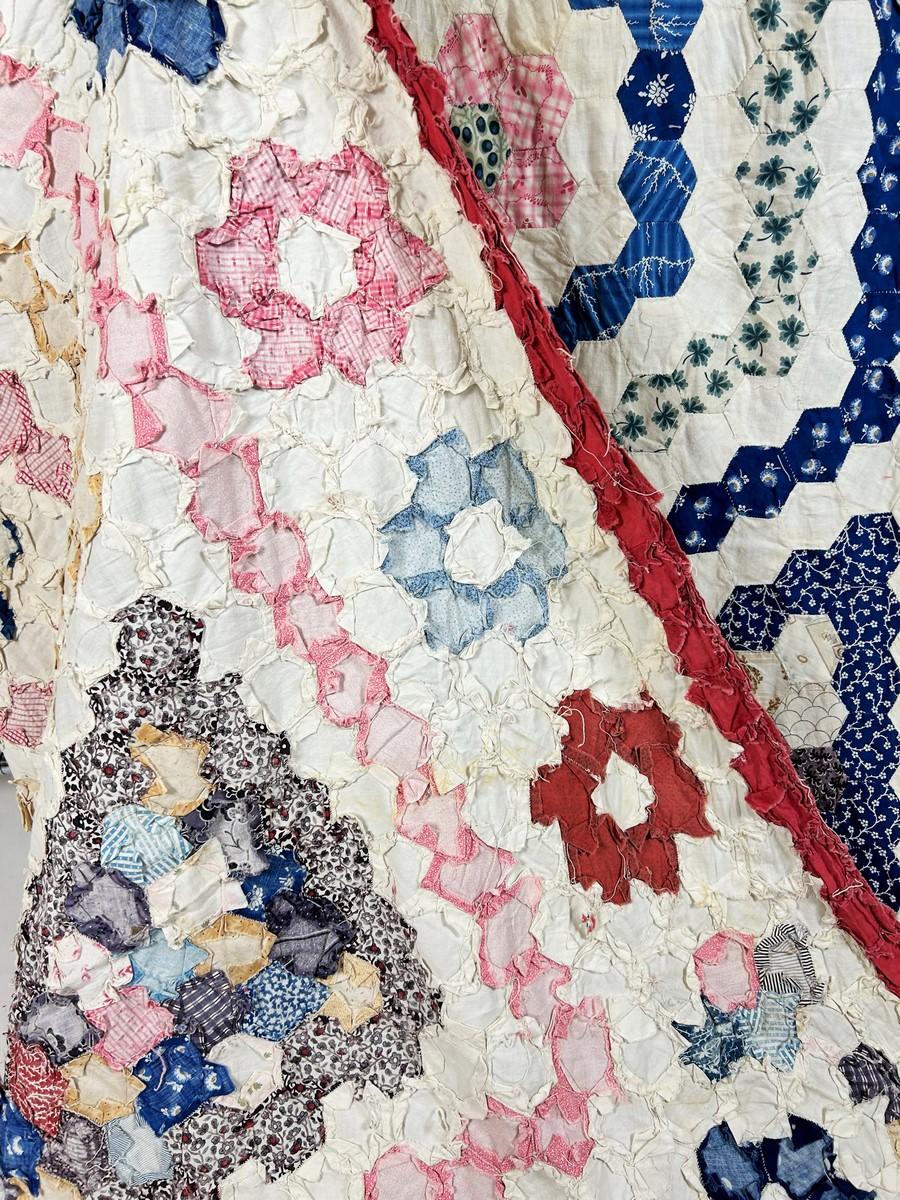Hexagon patchwork in printed cotton - USA Circa 1860 For Sale 10