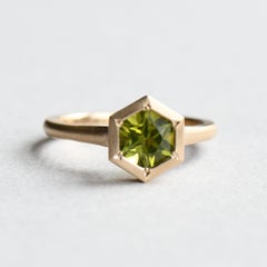 Hexagon Peridot Ring, 14 Karat Yellow Gold Cocktail Ring