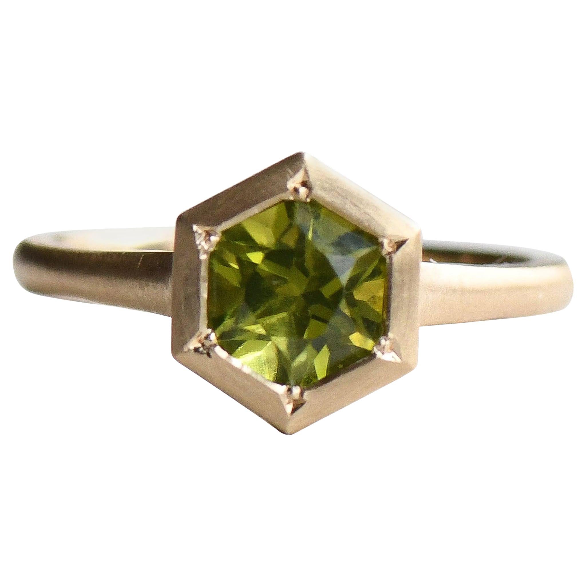 For Sale:  Hexagon Peridot Ring, 14 Karat Yellow Gold Cocktail Ring