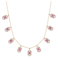 Hexagon Pink Sapphire Natural Diamond Necklace in 14k Solid Gold (Certified)
