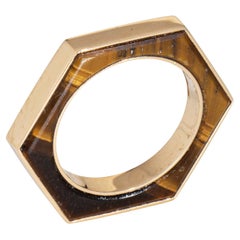 Sechseckiger Ring Gr. 5,5 mit Intarsien Tigerauge 18k Gelbgold Stapelband Nachlass