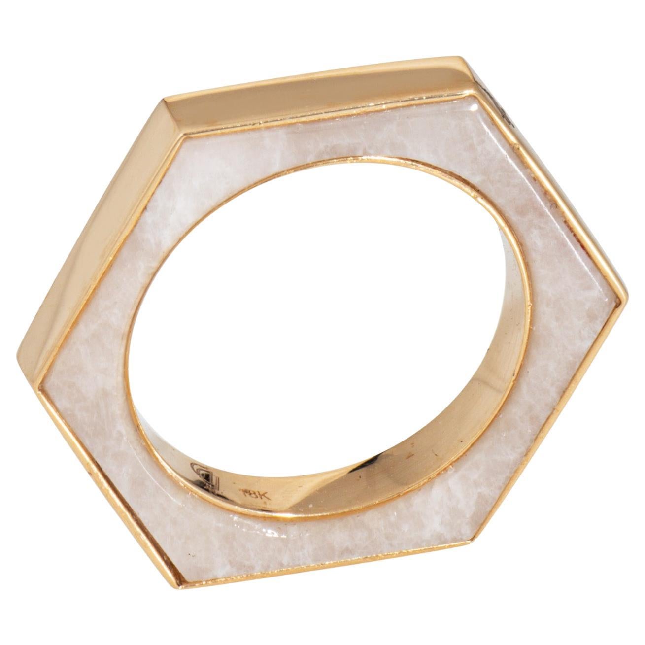 Hexagon Ring Sz 5.5 Inlaid White Onyx 18k Yellow Gold Stacking Band Estate