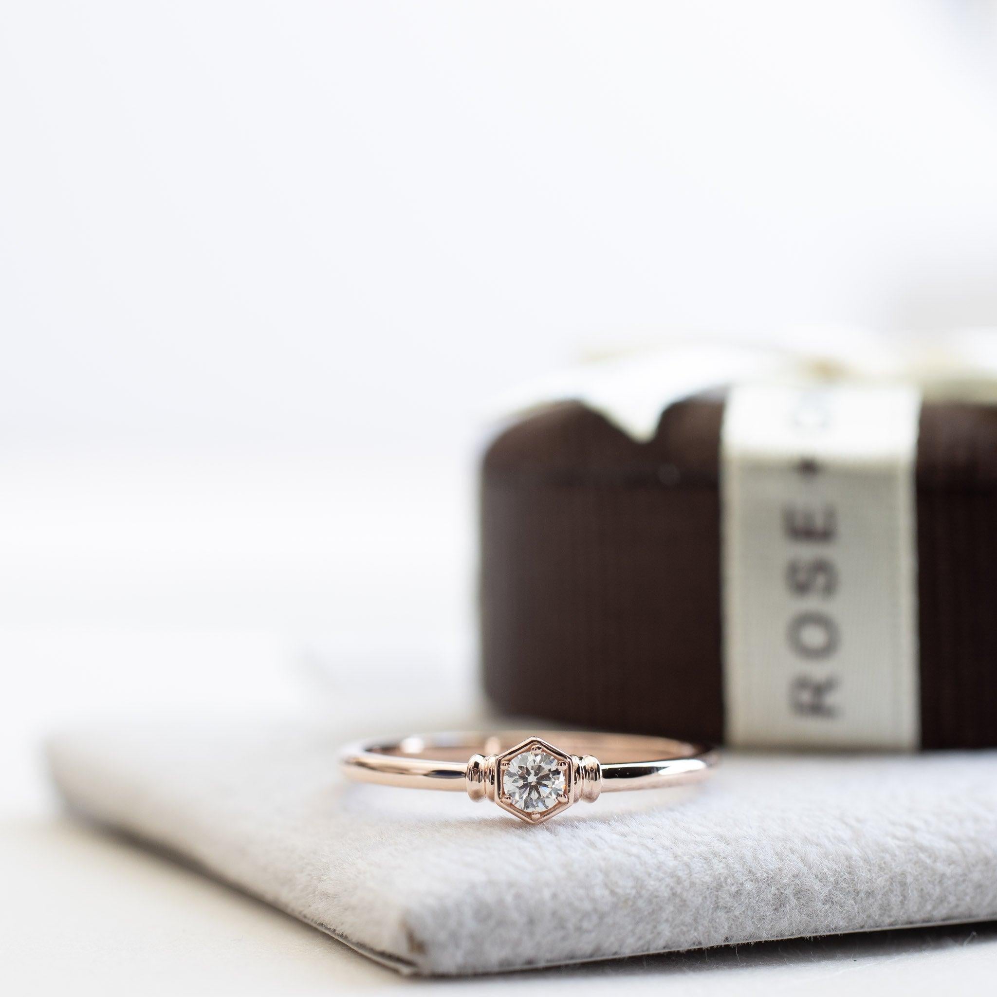 For Sale:  Hexagon Ring with 0.1 Carat Diamond, Honeycomb Ring, 18 Karat Rose Gold Ring 2
