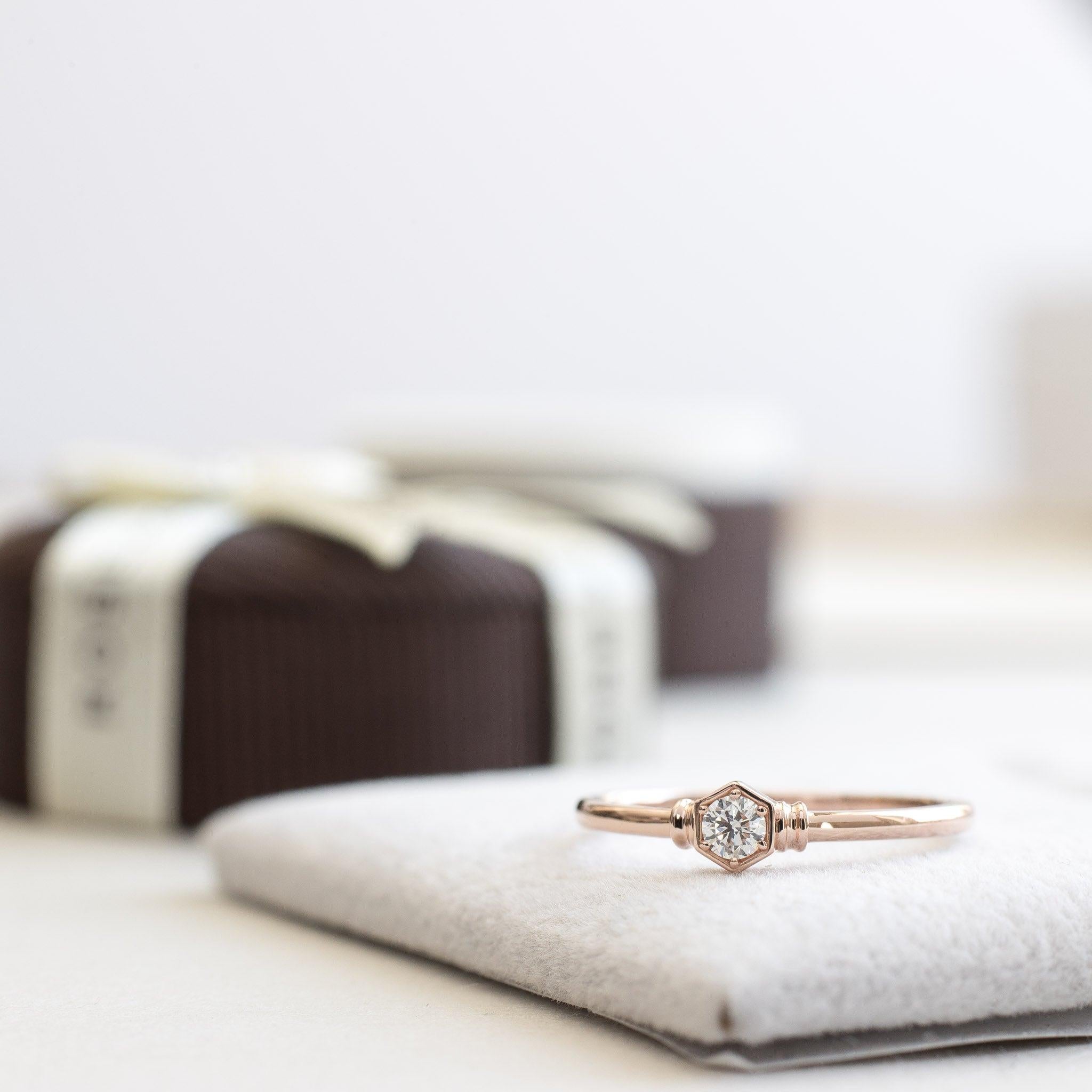 For Sale:  Hexagon Ring with 0.1 Carat Diamond, Honeycomb Ring, 18 Karat Rose Gold Ring 4