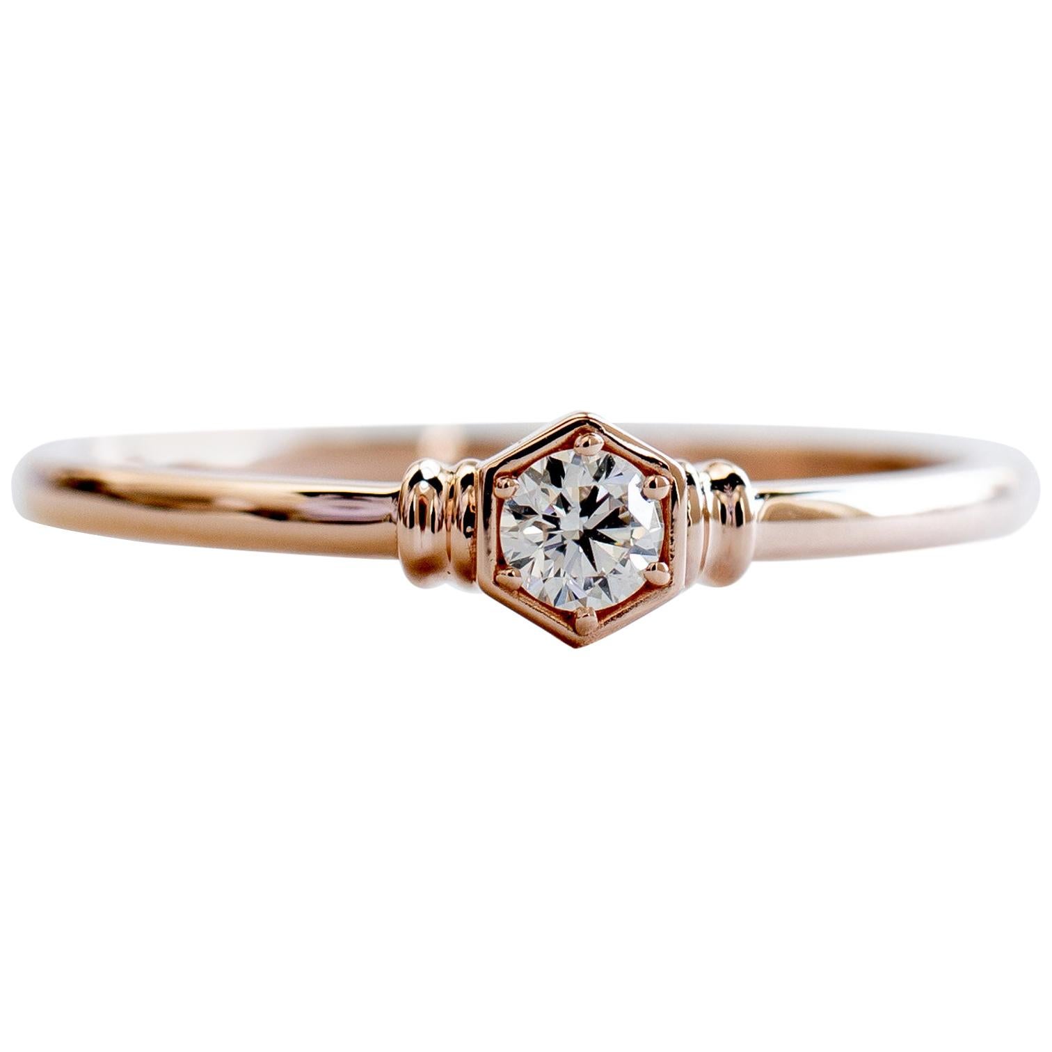 Hexagon Ring with 0.1 Carat Diamond, Honeycomb Ring, 18 Karat White Gold Ring