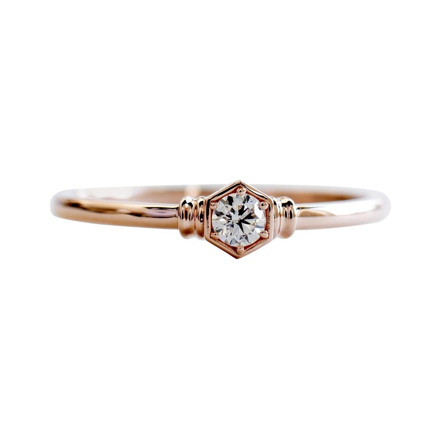 Bague hexagonale avec diamant 0,1 carat, bague nid d'abeille, bague en or rose 18 carats