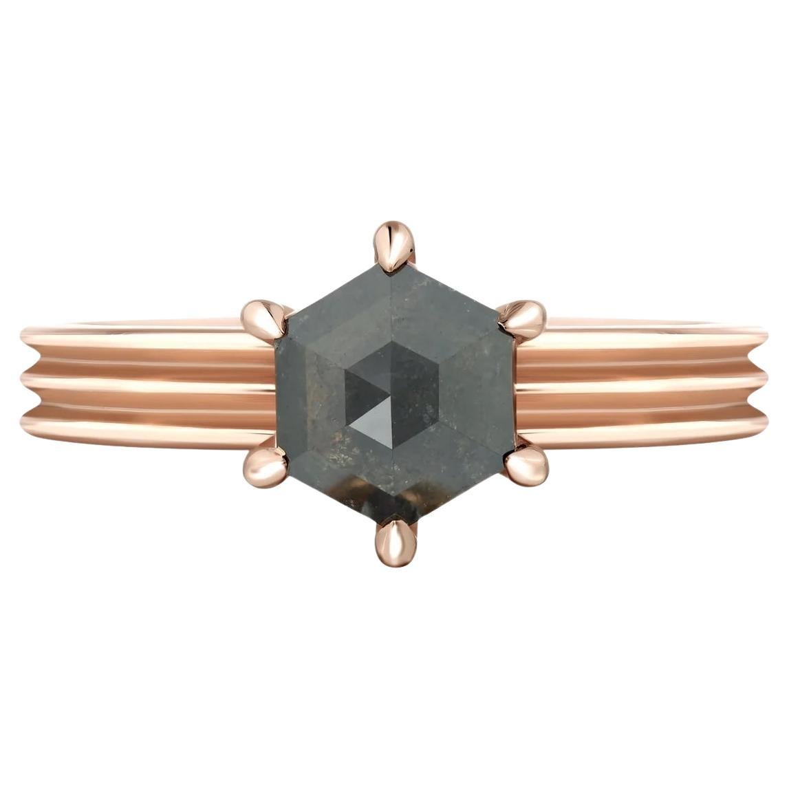Hexagon Rose Cut Salt-and-Pepper Diamond Rose Gold Engagement Ring, 1.49 Carat