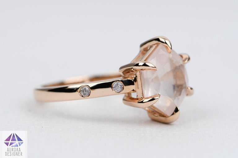 Hexagon Rose Quartz Pink Diamond Sides 14K Rose Gold Engagement Ring at