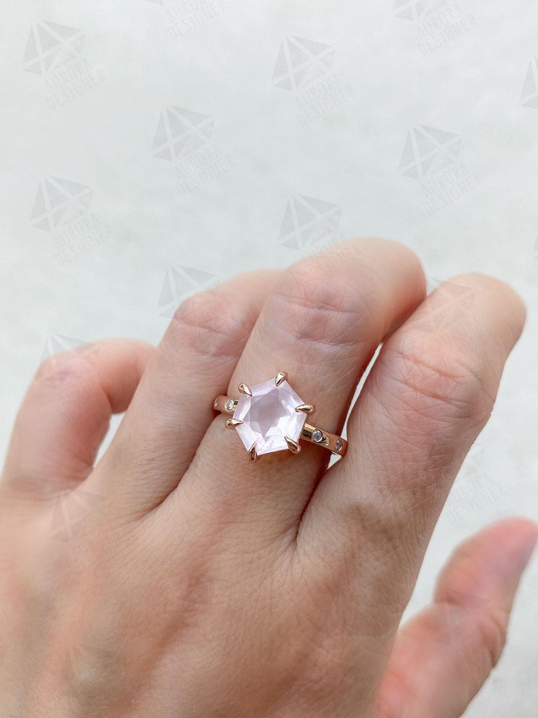 Hexagon Rose Quartz Pink Diamond Sides 14K Rose Gold Engagement Ring at