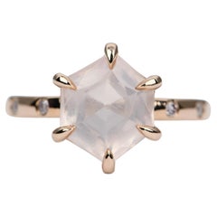 Hexagon Rose Quartz Pink Diamond Sides 14K Rose Gold Engagement Ring
