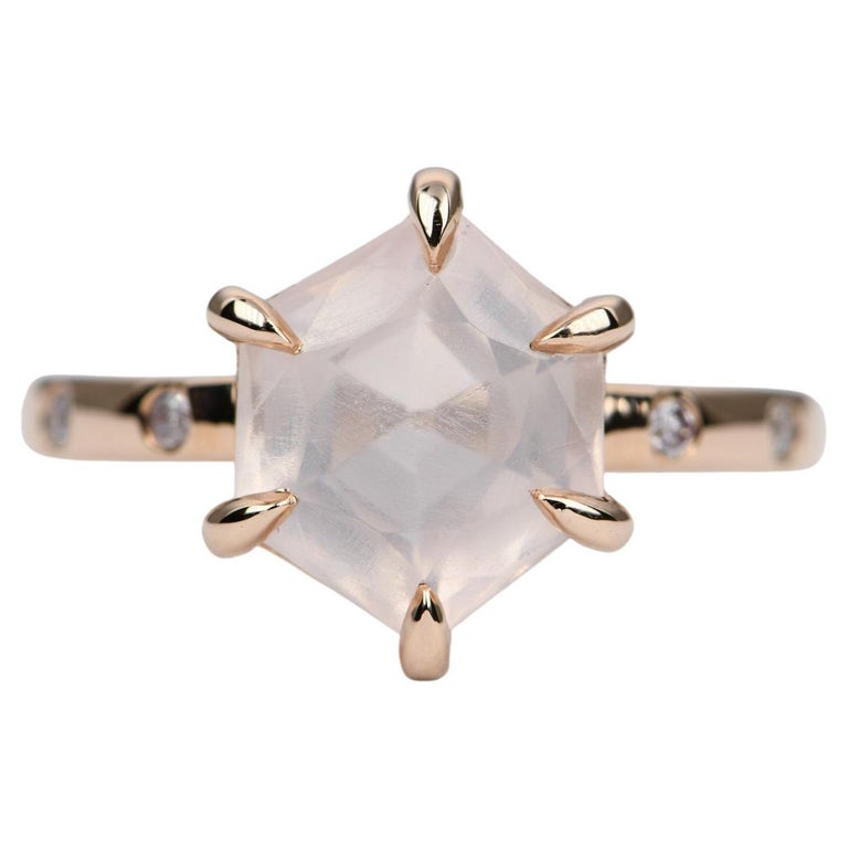 Hexagon Rose Quartz Pink Diamond Sides 14K Rose Gold Engagement Ring at