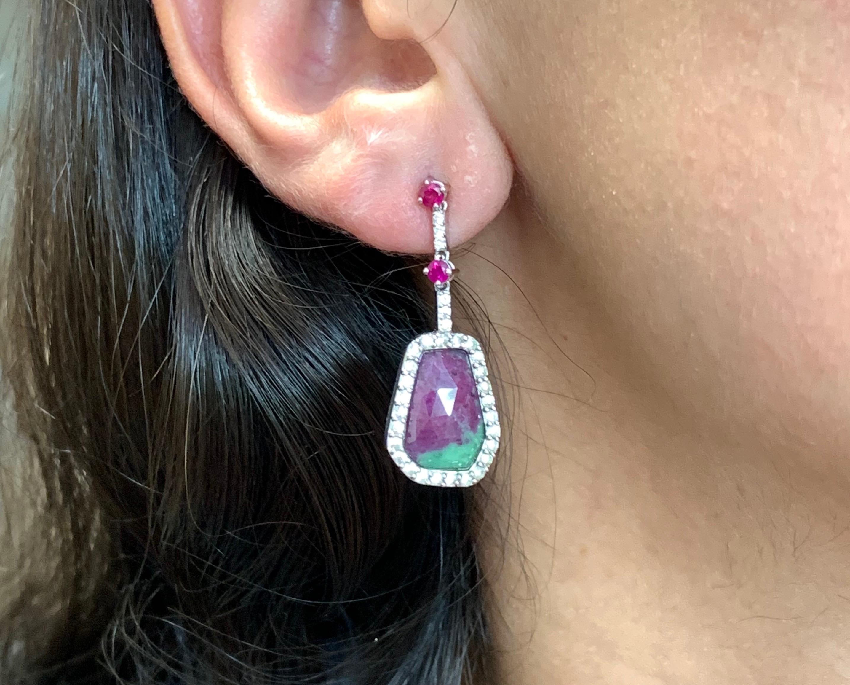 Contemporary Hexagon Ruby-Zoisite, Round Ruby, and White Sapphire Drop Earrings