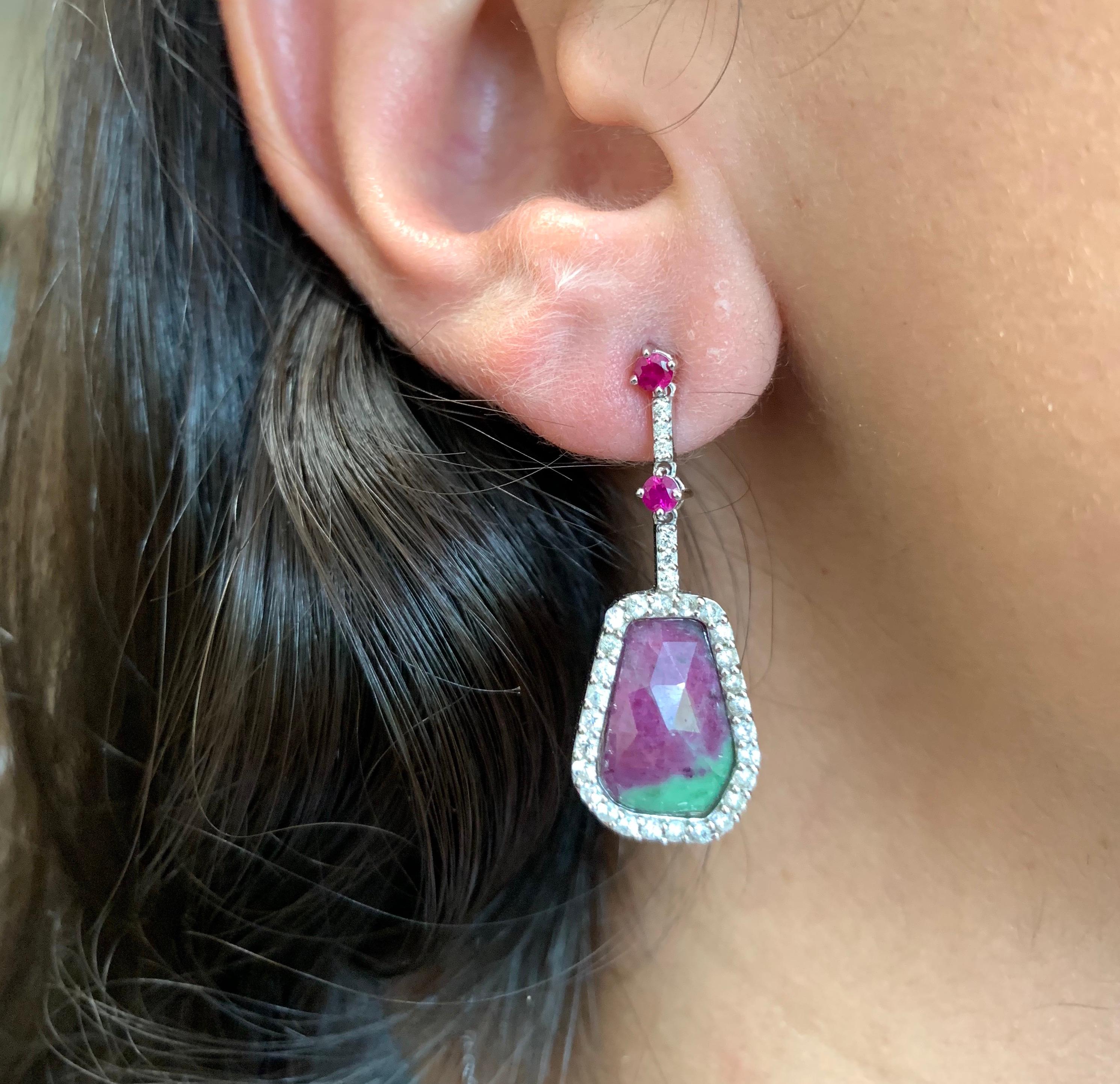Round Cut Hexagon Ruby-Zoisite, Round Ruby, and White Sapphire Drop Earrings