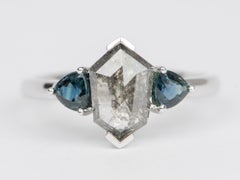 Hexagon Salt and Pepper Diamond and Teal Sapphire Engagement Ring 14K White Gold