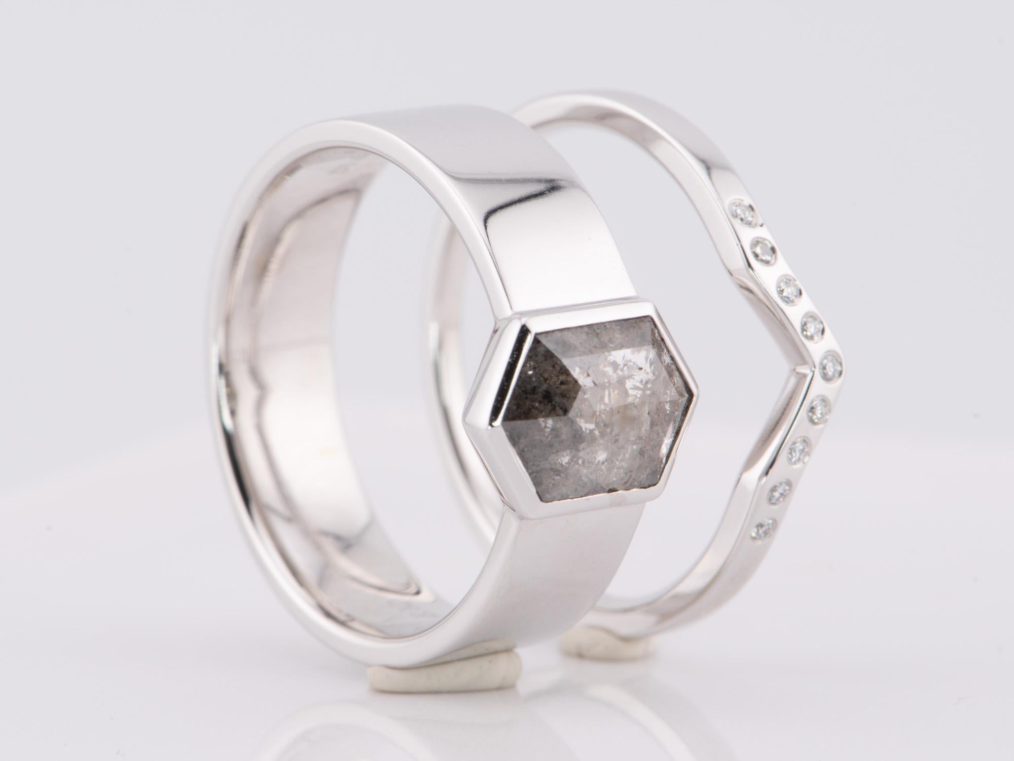 Uncut Hexagon Salt and Pepper Diamond Bridal Set 14K White Gold R6599 For Sale