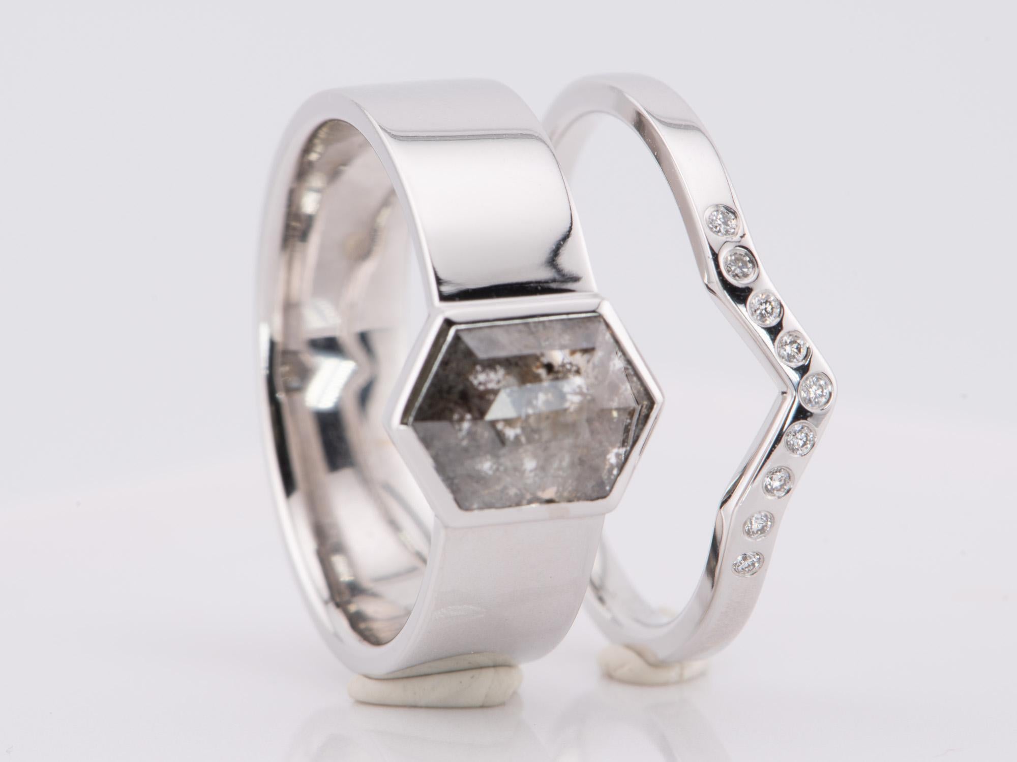 Hexagon Salt and Pepper Diamond Bridal Set 14K White Gold R6599 In New Condition For Sale In Osprey, FL