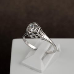 Art Deco Hexagon .50 Carat Diamond Solitaire Ring 18K White Gold - C 1920s