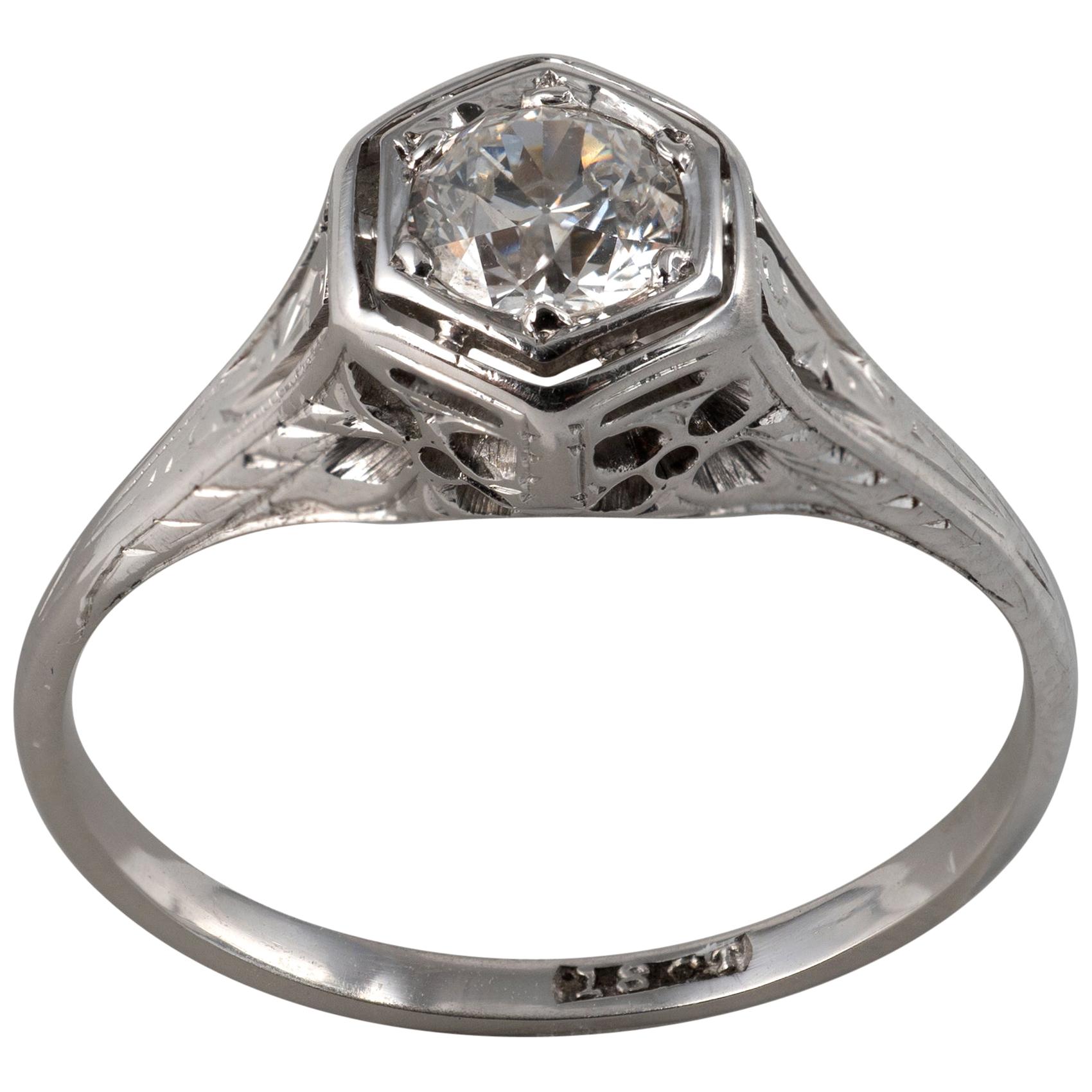 Art Deco Hexagon .50 Carat Diamond Solitaire Ring 18K White Gold - C 1920s 