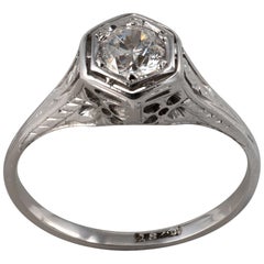Art Deco Hexagon .50 Carat Diamond Solitaire Ring 18K White Gold - C 1920s