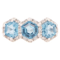 Hexagon Shape Blue Topaz Three Stone Ring With Diamonds 2 Carats Total