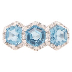 Hexagon Shape Blue Topaz Three Stone Ring With Diamonds 2 Carats Total