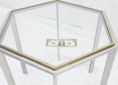 Hexagon Shape Chrome Brass & Glass 22" Tall Occasional Side Table Stand MINT!