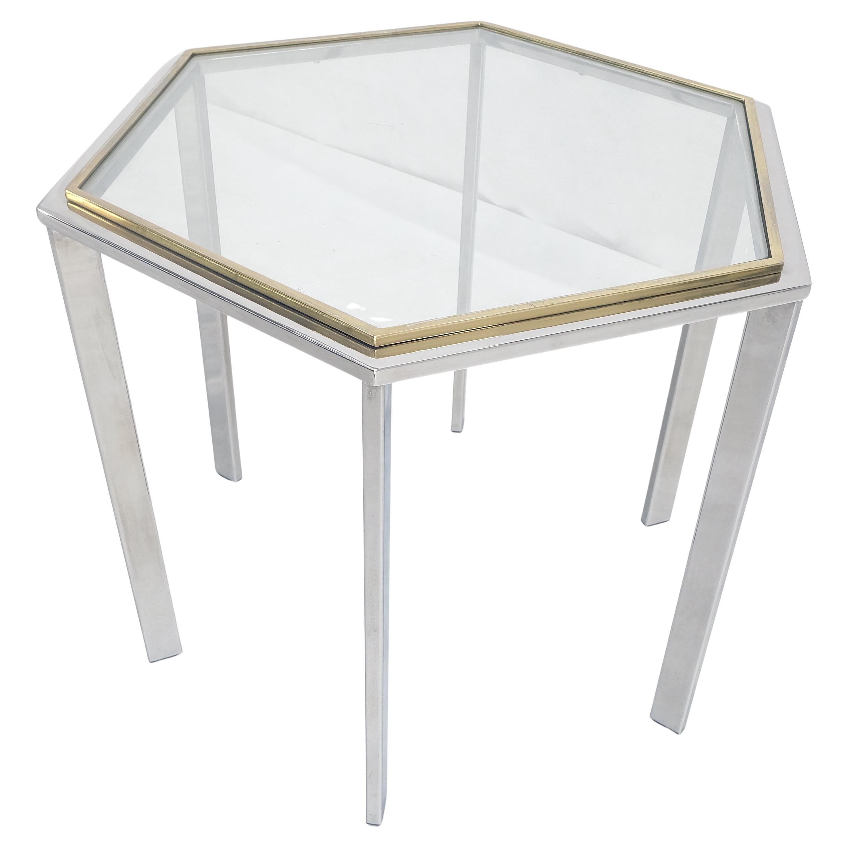 Hexagon Shape Chrome Brass & Glass 22" Tall Occasional Side Table Stand MINT! For Sale
