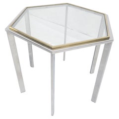¡Mesa auxiliar de latón cromado y cristal con forma de hexágono de 22" de altura MINT!