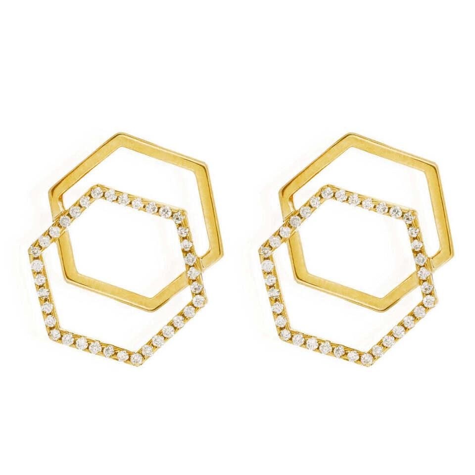 Women's or Men's Hexagon Shape Diamond Earring 14K Solid Gold Handmade Elegant Earring For Women. For Sale