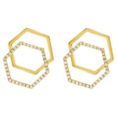 Boucles d'oreilles élégantes en or massif 14 carats avec diamants de forme hexagonale, faites à la main, pour femmes