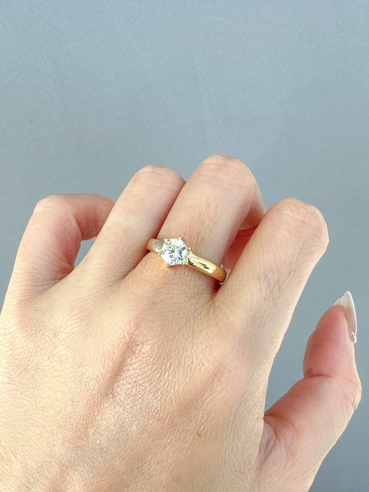 Women's or Men's Hexagon Shape Diamond Engagement Ring on Wide Band 14K Gold IGI Cert For Sale