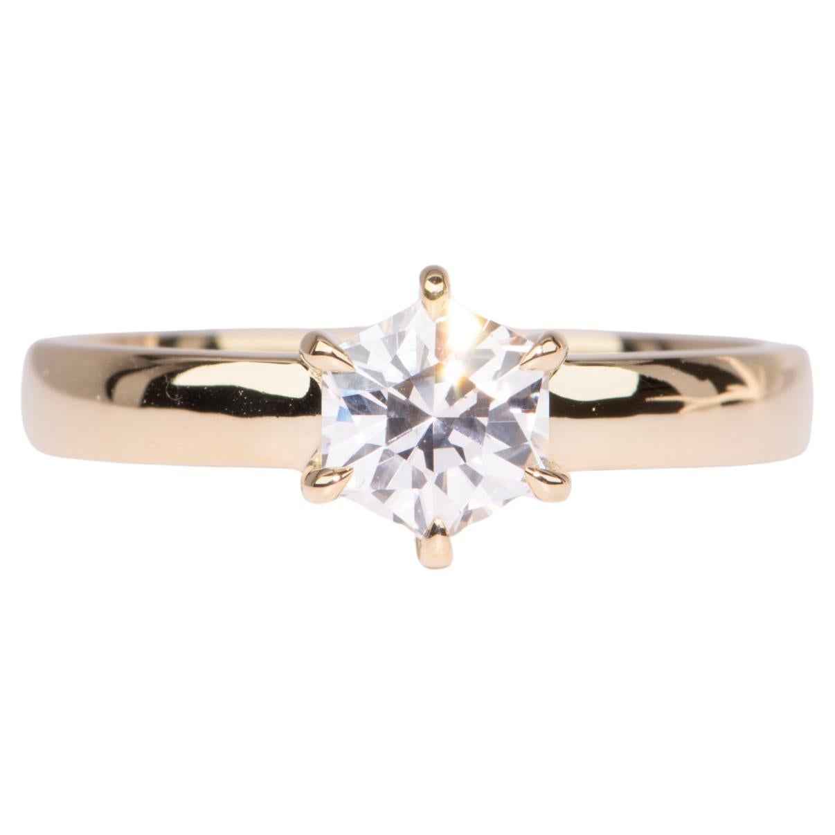 Hexagon Shape Diamond Engagement Ring on Wide Band 14K Gold IGI Cert For Sale