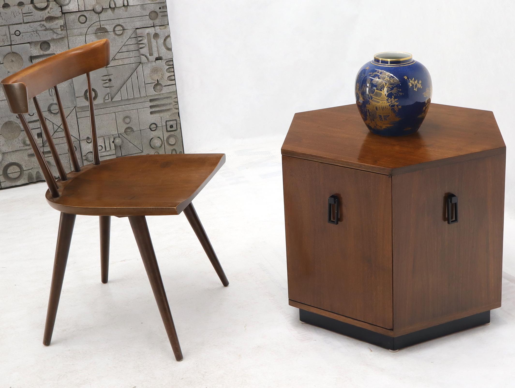 Mid-Century Modern round walnut hexagon shape drop pulls occasional side end table with storage. 
  