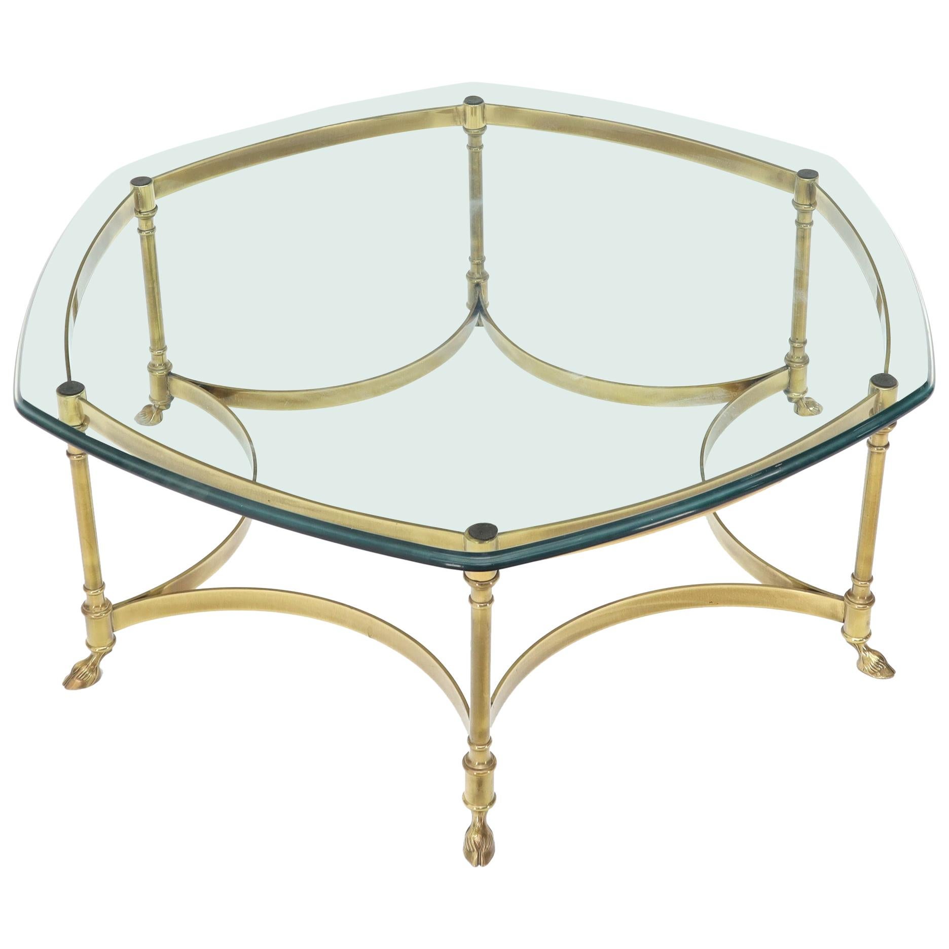 Hexagon Shape Glass Top Brass Frame Hoof Feet Coffee Table For Sale