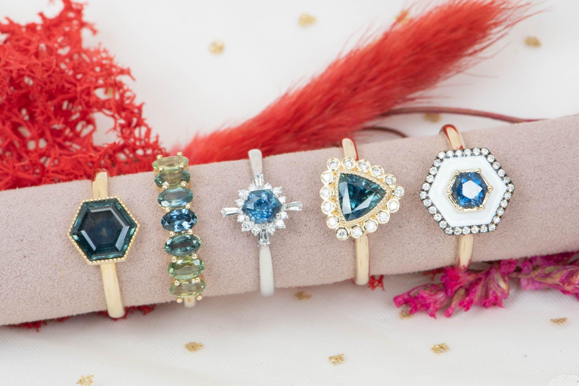 Sechseckiger Montana Saphir mit Diamant Halo Verlobungsring 14K Weißgold im Angebot 5