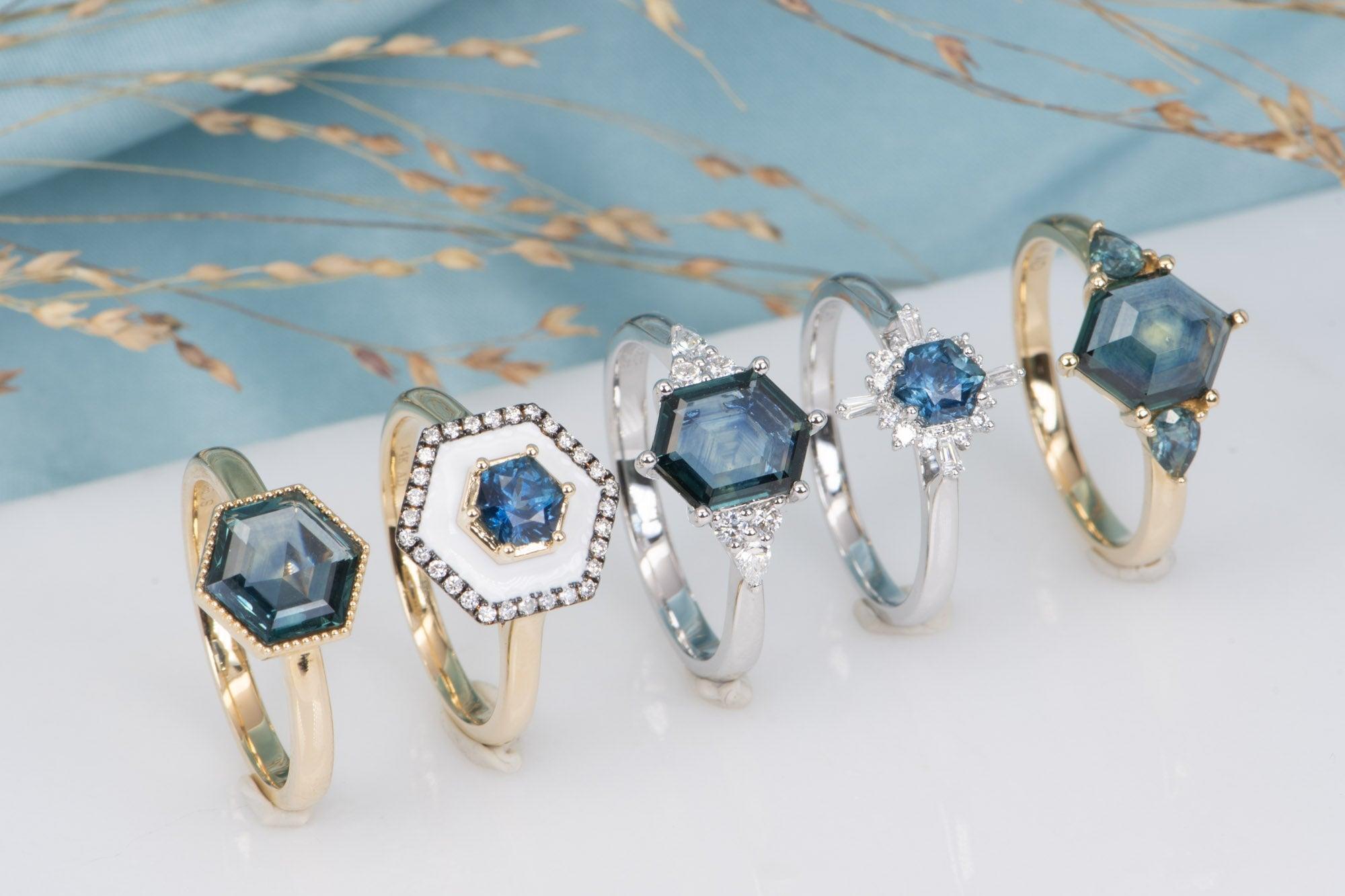 Sechseckiger Montana Saphir mit Diamant Halo Verlobungsring 14K Weißgold im Angebot 6